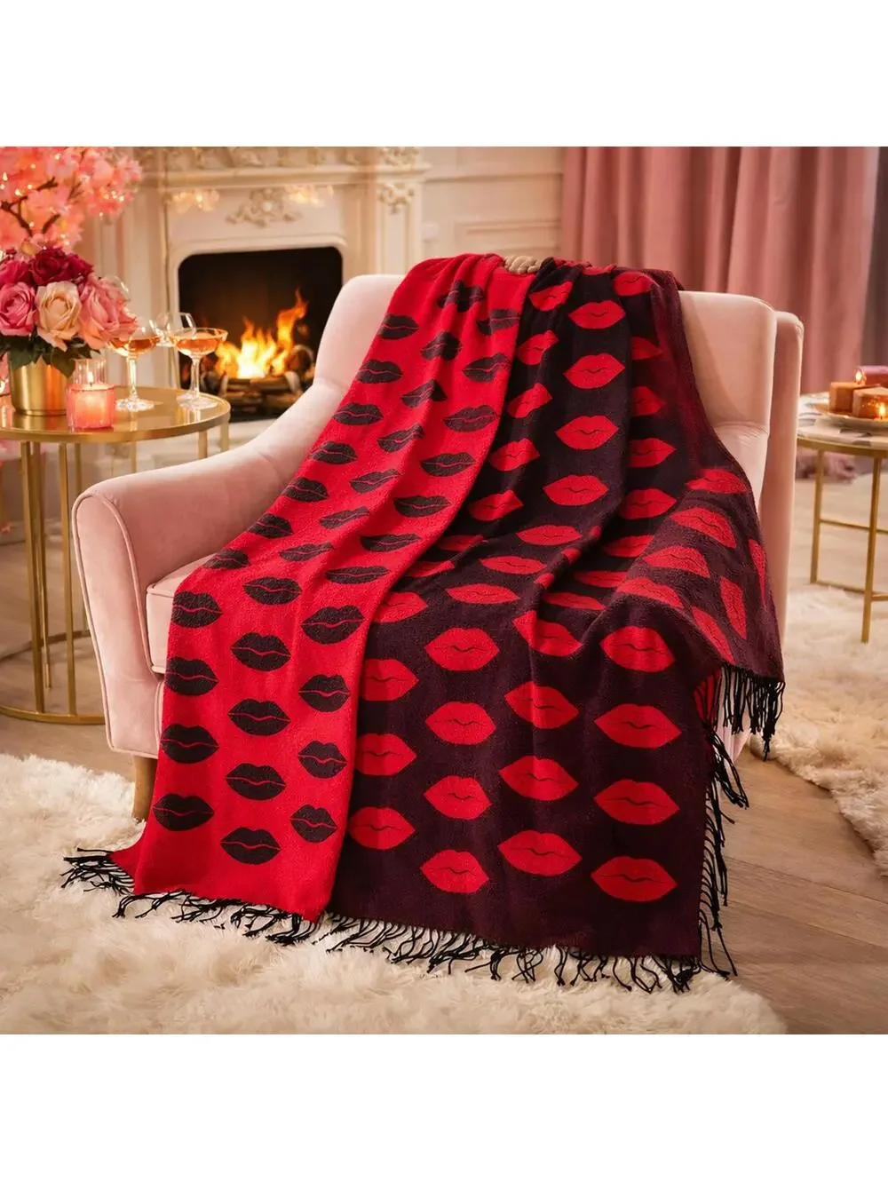 Victoria's Secret Cozy Lip Print Throw Blanket Black Red Super Cute Accent